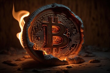 Bitcoin coin is a cryptocurrency burning. The coin with a bright flame.
