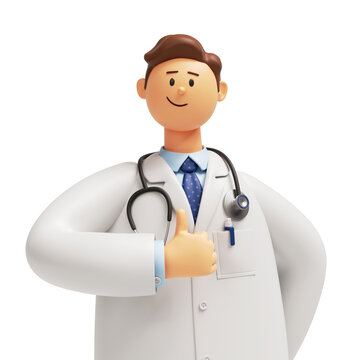 3d render. Cartoon character young caucasian man doctor, wears uniform, shows like gesture thumb up. Medical clip art. Health care recommendation