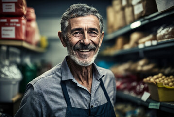 Grocery store and an employee or owner, old man works in a supermarket, fun at work or local shopping, Generative AI