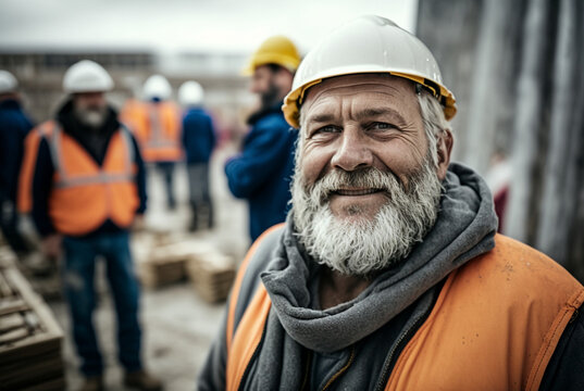 middle aged or older man working on a construction site, construction helmet and work vest, smiling, Generative AI