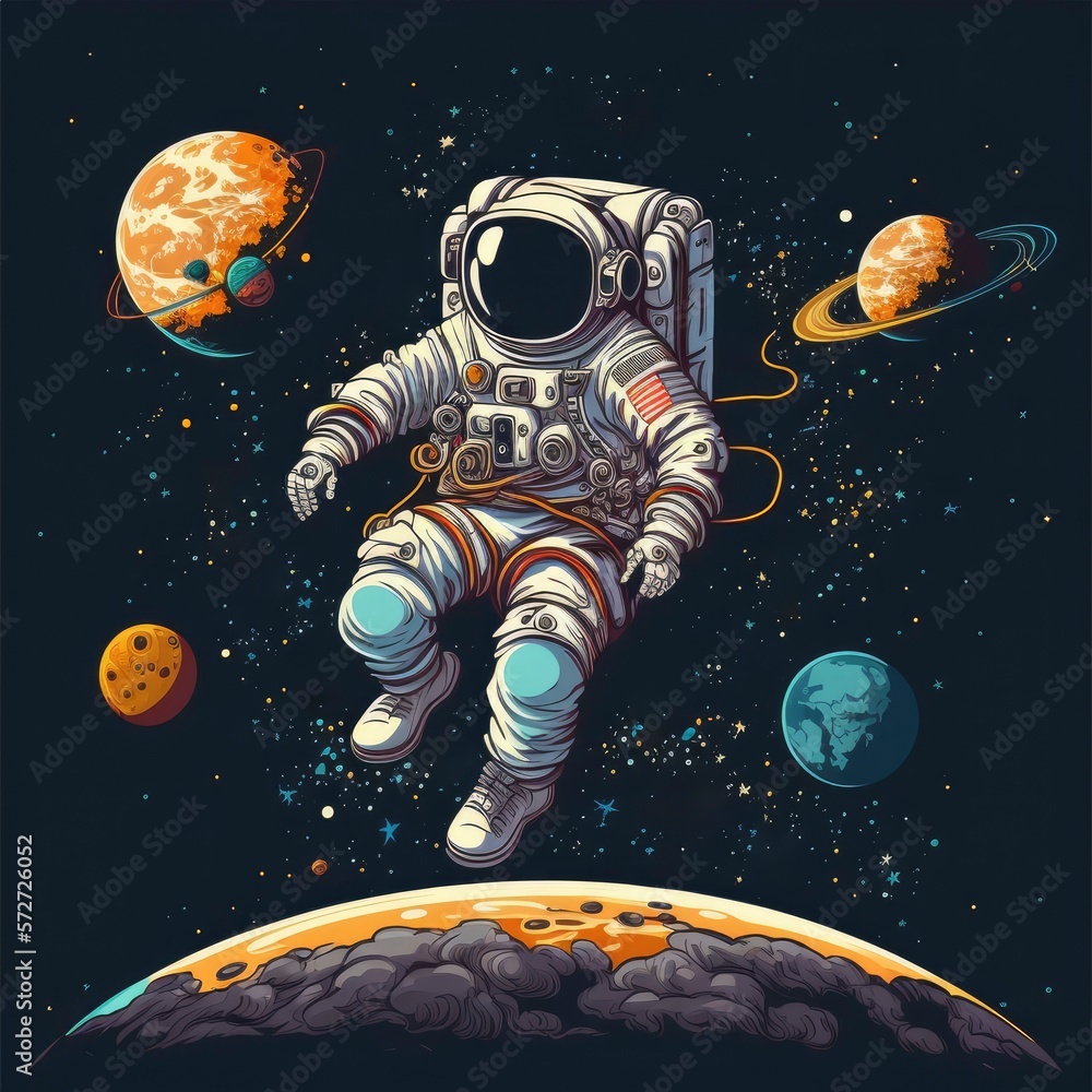 Wall mural flying astronaut man. astronaut man floating. hand drawn astronaut in the space. vector illustration
