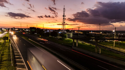 Marilia, Sao Paulo, Brazil, January 26, 2023. traffic on the Highway and silhouette of a...