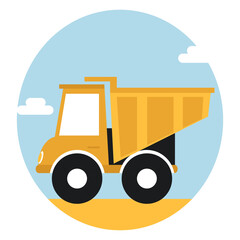 Naklejka premium Cute yellow cartoon style mining dump truck.