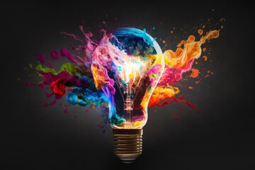 Colorful bulb lamp. Light bulb explodes with colorful paint and splashes isolated on black. Colours of life. Generative AI. 