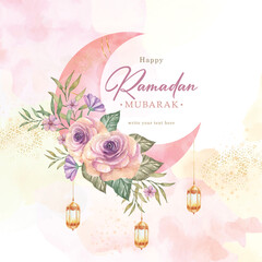 Pink crescent moon painting with rose ornament on ramadan mubarak greeting card background
