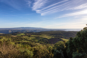 Fototapeta na wymiar Farmland and landscape on the Sea Coast of Sardinia, Italy. Sunny Fall Season.