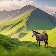 Fototapeta na wymiar Joyful summer mountain landscape - bright lush green slope with meadow and graze horse, mountain ridges in mist of early morning sunlight, panorama view on valley. Wild nature in Dagestan mountains