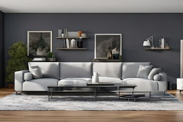 Interior of modern living room with a grey wall, grey sofas, window and shelving unit