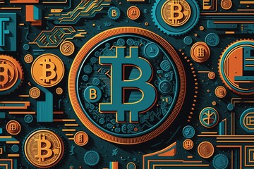 Bitcoin is a flat style technical background. Btc coin.