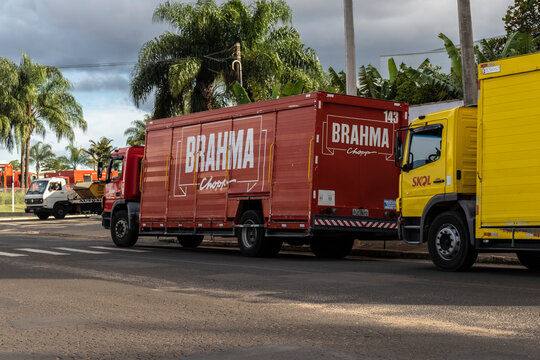 Trucks at the distribution and resale center of the AMBEV beer company on the streets of the city of Marilia, in the center-west region of the state of Sao Paulo