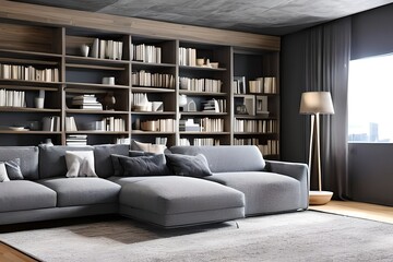 Fototapeta premium Interior of modern living room with grey sofas, window and shelving unit