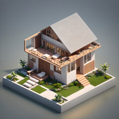 3D reference model of a cute small house for warm climate, AI generated - obrazy, fototapety, plakaty