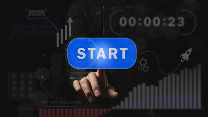 The hand presses the start button. Start of action. Starting a successful business