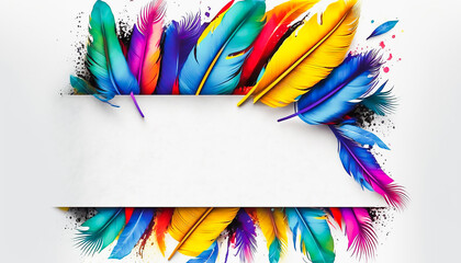 colorful feathers texture frame boarder and white copy space in middle background, AI generative