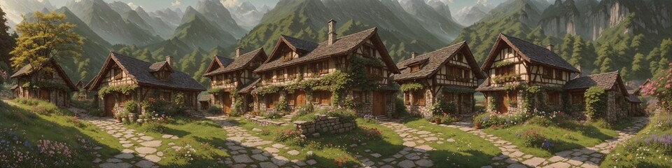 Fototapeta na wymiar Fairytale village in the Alps. Wide format, large image size. AI
