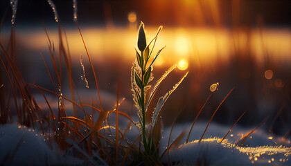 Frosty Plants Glistening in the Morning Light at the Start of Spring, Generative AI