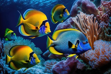 Obraz na płótnie Canvas A group of blue marine fish in a coral reef. Generative AI.