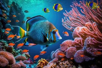 Tropical marine animals and corals. Generative AI.