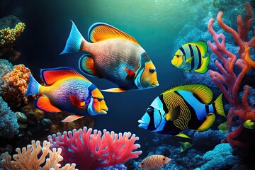 Colorful tropical fish on the background of a coral reef. Generative AI.