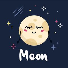 Cute cartoon planet character Moon with funny face. Poster solar system for children.