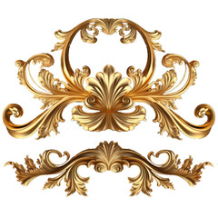 Golden baroque ornament on transparent background, 3d set of an ancient gold ornament on a white background. Decorative elegant luxury design.golden elements in baroque, rococo style.seamless vintage. - obrazy, fototapety, plakaty