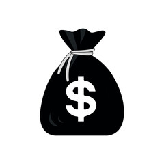 Money bag vector black icon, flat simple cartoon illustration with white shoelace and dollar sign isolated on white background