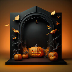 3D Stage for a halloween scenario with evil pumpkins, leaves, and black background, illuminated with orange light to promote a product or an event in this mockup presentation - october postcard