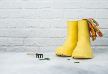 Spring gardening with yellow boots, gloves for planting on white bricks background. Womans hobby of growing houseplants concept.