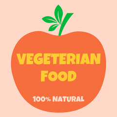 The word Vegetarian on the background of a red apple. Icon for healthy eating. Vector illustration