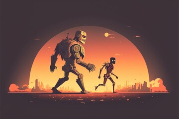 Two robots together in the post apocalyptic city. Beautiful colorful illustration. Vector style. Generative AI