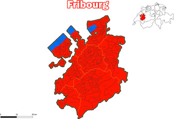 Vektor Karte Schweiz Administrative Gliederung Kanton Fribourg mit name der Kommune