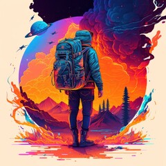 Tourist with a backpack is traveling. Beautiful colorful illustration. Vector style. Generative AI