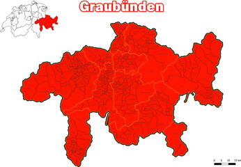 Vektor Karte Schweiz Administrative Gliederung Kanton Graubünden mit name der Kommune