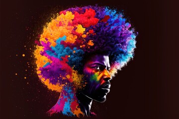 Black man with afro hairstyle. Different colors on the head. Beautiful colorful illustration. Vector style. Generative AI