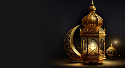 Fototapeta na wymiar Ramadhan lantern and a crescent moon with copyspace Generative AI