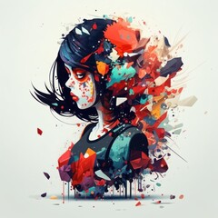 Woman with lot of paint is against background. Abstract funny disproportionate girl. Beautiful colorful illustration. Vector style. Generative AI