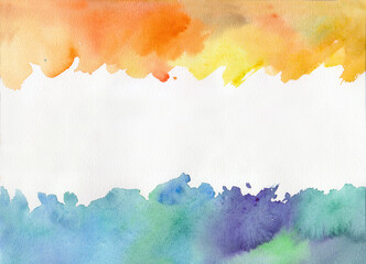 Textural white background in the center, warm and cold colors of watercolor on both sides.