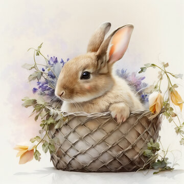 Easter rabbit in a basket decorated with spring flowers. Cute red hare. Generative AI