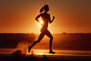 Fototapeta na wymiar Silhouette of sportswoman running in nature at sunset. Generative AI