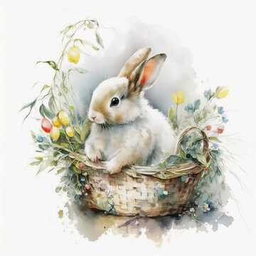 A small white Easter rabbit in a wicker basket on a white background. Generative AI