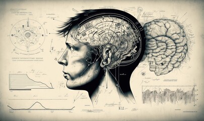 Side view. Human brain schematic in retro sketch style. Beautiful colorful illustration, vector. Generative AI