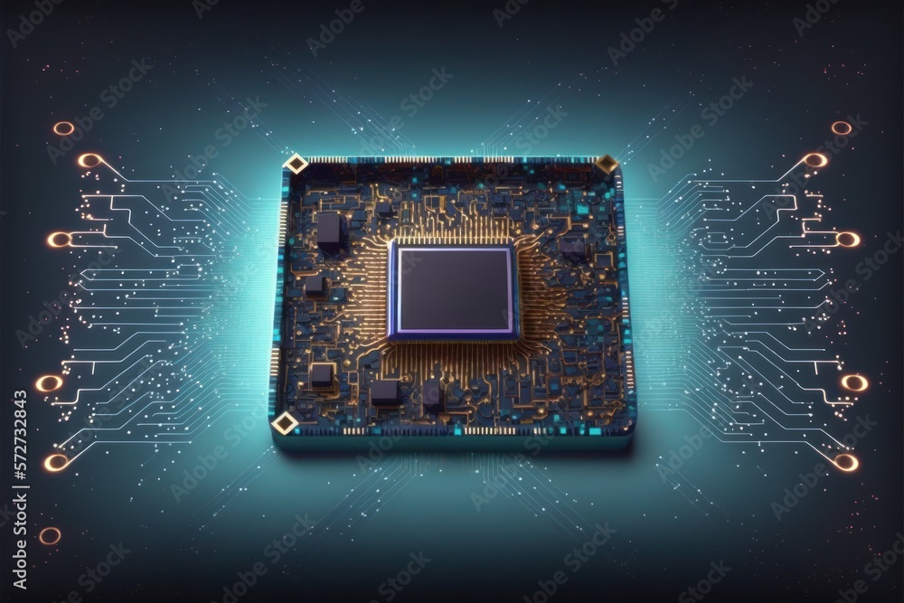 Fototapete Close up view of the computer microchip. Beautiful colorful illustration. Vector style. Generative AI