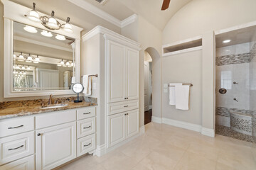 A large master bathroom with white accenting 