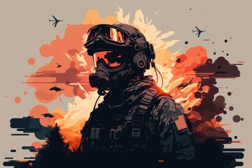Fototapeta na wymiar Military soldier in full equipment. Beautiful colorful illustration. Vector style. Generative AI
