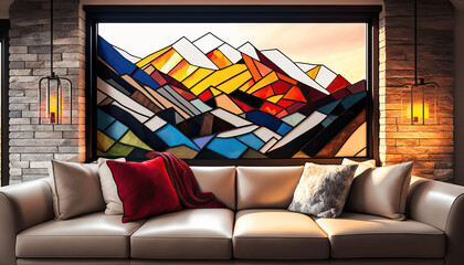 The Perfect Pop of Color: A Stunning Stained Glass Mountain Range in a Modern Space. Generative AI