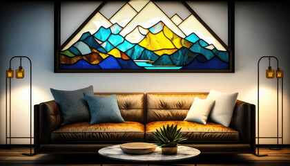 A Modern Twist on Stained Glass: A Majestic Mountain Range in a Contemporary Home. Generative AI
