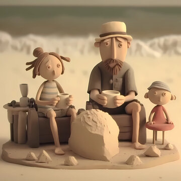 family at the beach, animated, 3d models 