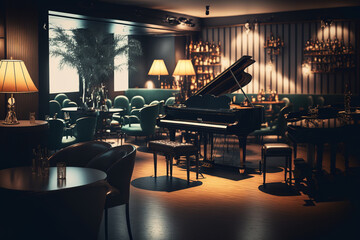 Interior of a contemporary jazz club including a stage with a black piano and cello and lamps over the bar. Generative AI - obrazy, fototapety, plakaty