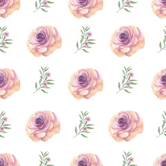 Pieces of pink rose and leaves watercolor on background pattern
