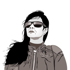 Smart young Lady, Sunglass with leather Jacket. Lady portrait drawing. 